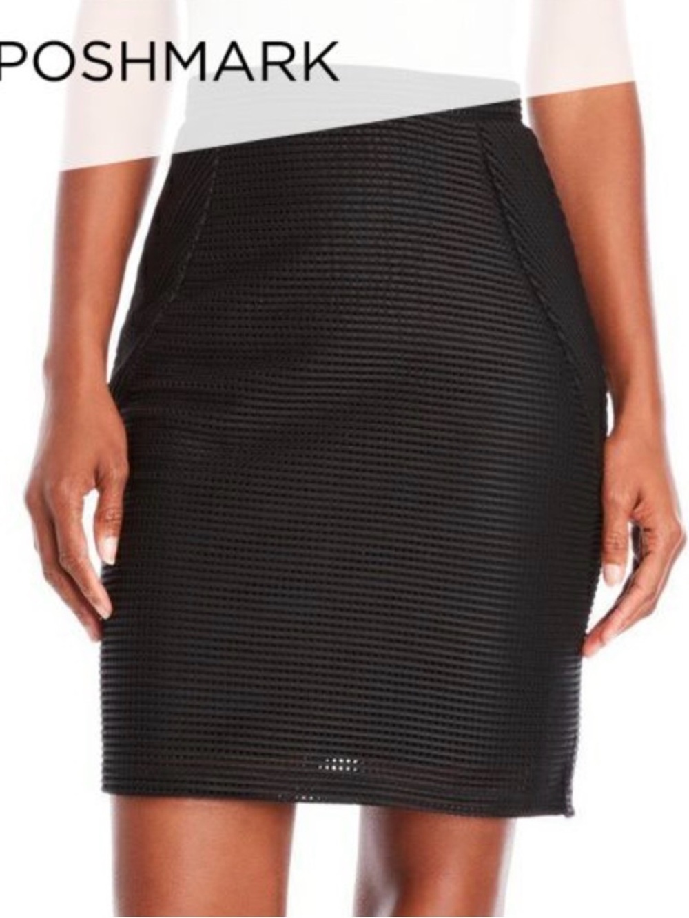 Reiss Black Ribbed Mesh Knit Textures Classic Neutral Pencil Skirt | Size 8